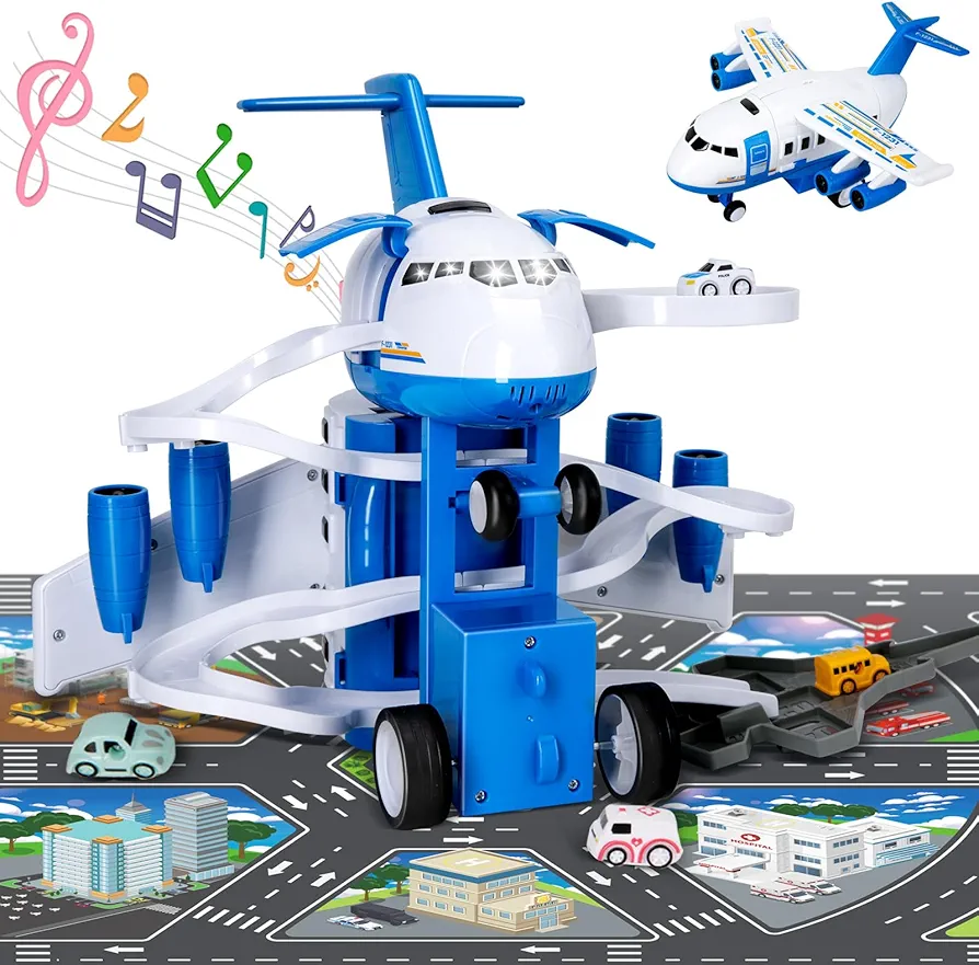 Kids Airplane Toys Race Track Car Toys for 3 4 5 6 Boys - Transport Plane Adventure Car Toys for Toddler Age 2-6 with 4 City Cars, Garage Parking Lot Playmat, Pull Back Plane，Birthday Gift for Kids