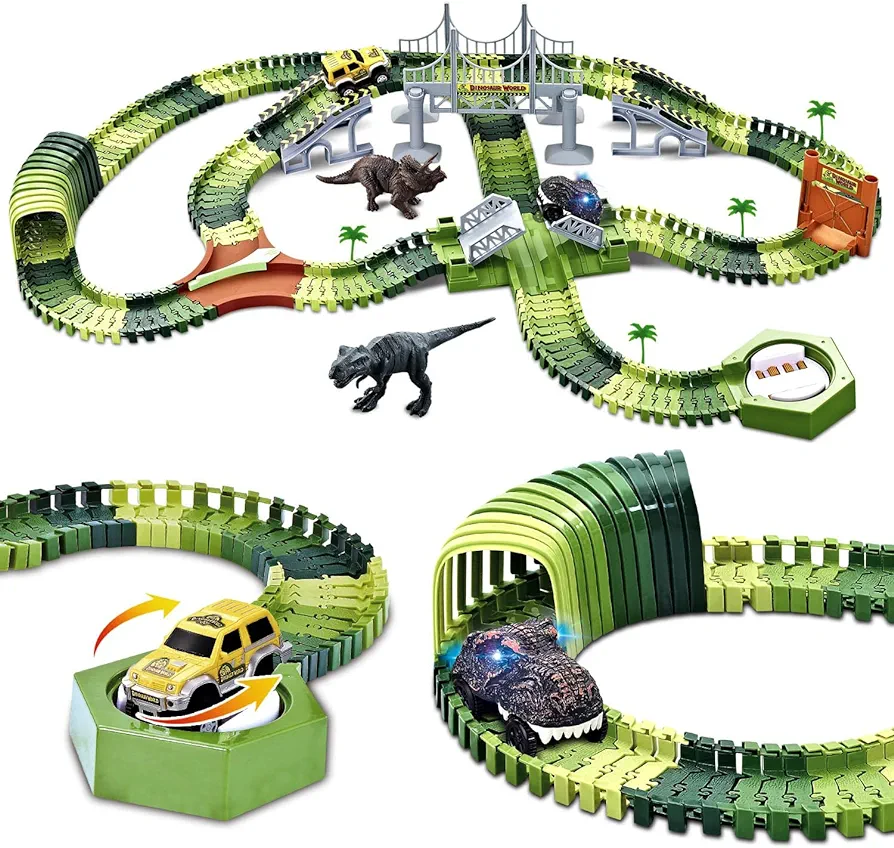 Dinosaur Race Track Toy Set 288 PCS, Flexible Track Playset w/ 240 Tracks, 1 Dinosaur Car, 1 Race Car, 1 Drawbridge, 1 Tunnel, Create A Dino Track, Dinosaur Toy Gift for Kids Boys Girls Age 3+