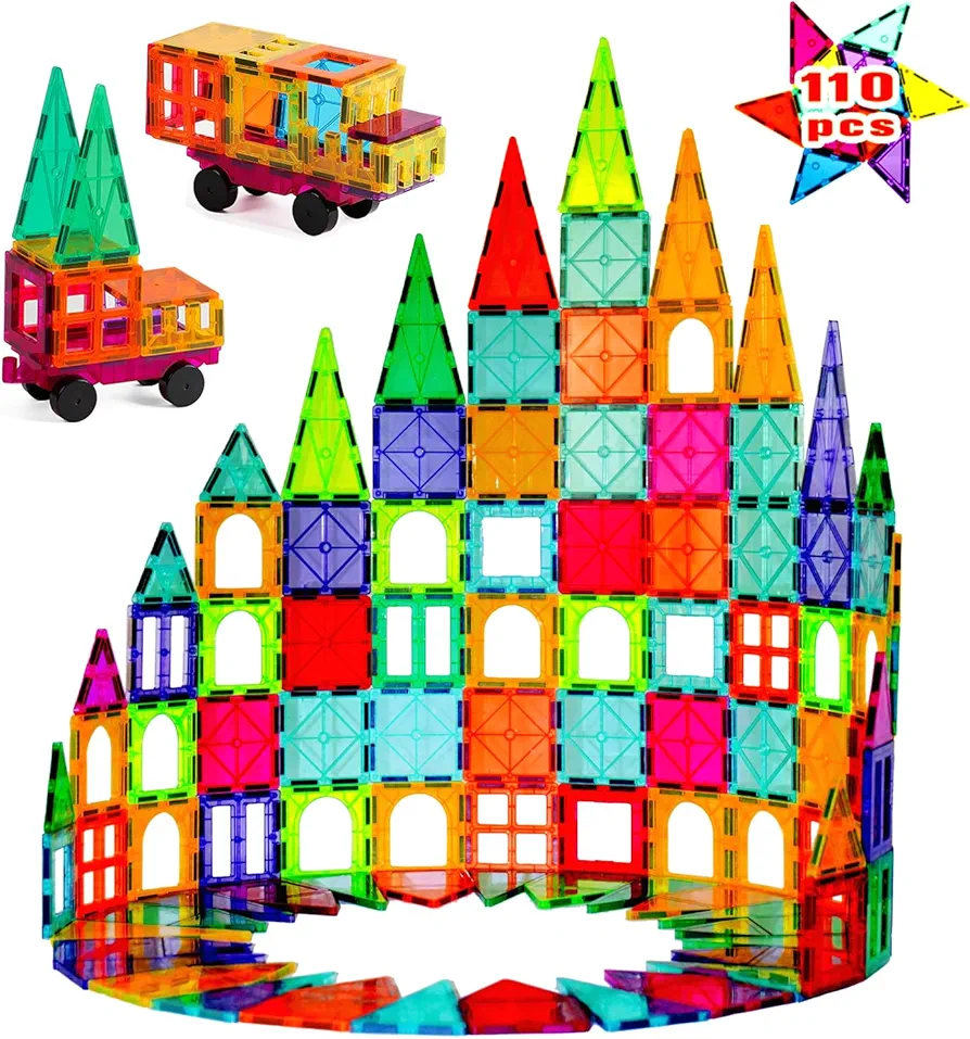 Magnetic Tiles Toy with 2 Cars 110 Pcs 3D Magnet Building Blocks Set for Kids STEM Educational Preschool Magnet Toys for Toddlers Boys Girls 3-8 Year Old