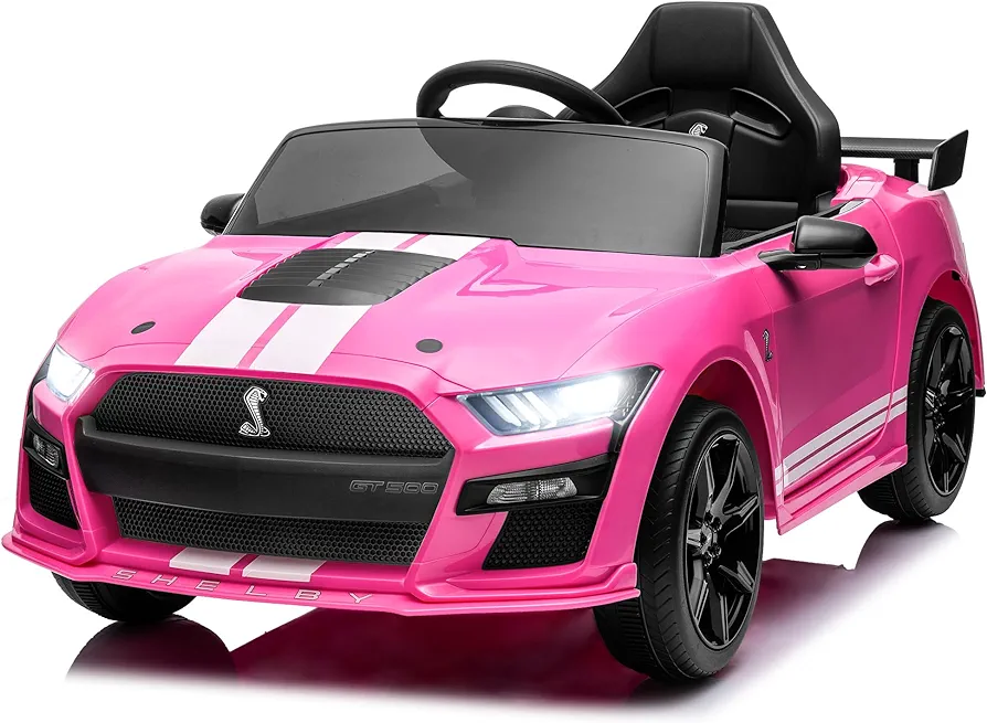 12V Licensed Ford Mustang Shelby GT500 Kids Ride On Car with Parent Remote Control, 3 Speeds, Spring Suspension, Safety Belt, Music Player, Electric Vehicles Toy for 3-8 Years Old, Pink