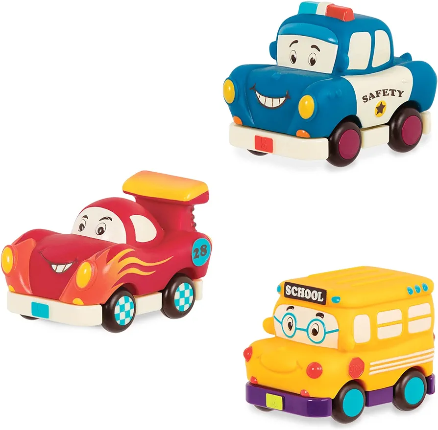 B. toys- Mini Wheeee-ls!- 3 pc Mini Pull-Back Vehicles Set, Bus & Cars, Multi, Hot Rod, School Bus, Police Car- 1 year +