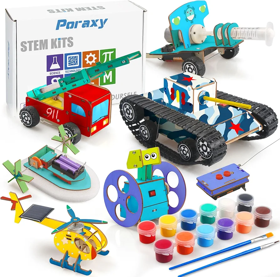 Poraxy STEM Kits for Kids Ages 8-10-12, 6 Set Model Car Kits, 3D Wooden Puzzles, Educational Science Experiment Projects Crafts Kits, Building Toys, Gifts for Boys and Girls 8 9 10 11 12 13 Year Old