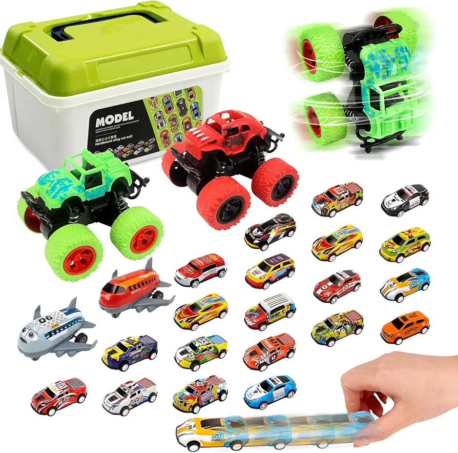 24 Pack Pull Back Toy Cars & Monster Trucks with Storage Box, Baby Toy Cars Race Cars Vehicles Party Favor Pinata Fillers Stocking Stuffer Birthday Gifts for Boys Girls Toddlers 3-5 Years Old