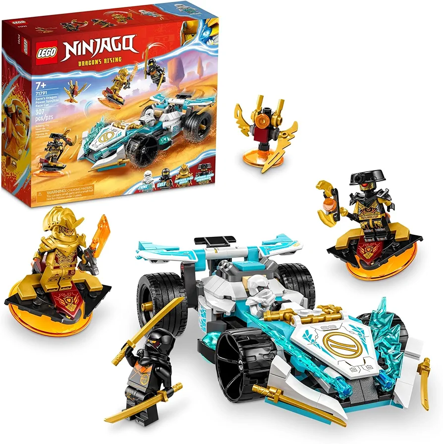 LEGO NINJAGO Zane’s Dragon Power Spinjitzu Race Car 71791 Building Toy Set, Features a Ninja Car, 2 Hover Flyers, Dragon Toy, and 4 Minifigures, Gift for Kids Aged 7+