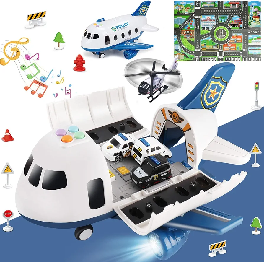 5 in 1 Airplane Toys with light and sound,Police car toys with Activity Mat, Christmas Birthday Gifts for Kids 3 4 5 6 Year Old Boys Girls