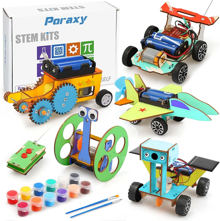 Poraxy 5 in 1 STEM Model Car Kits, STEM Projects for Kids, Boys Toys Age 8-10, 3D Wooden Puzzles, Crafts Educational Science Building Kit, Birthday Gifts for 8 9 10 11 12 Year Old Boys and Girls