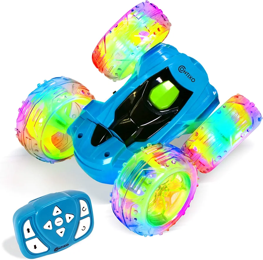 Contixo RC Stunt Car 4WD 2.4Ghz - Double Sided 360° Rotating Remote Control Toy with Lights, for Boys & Girls Age 4-12 Blue