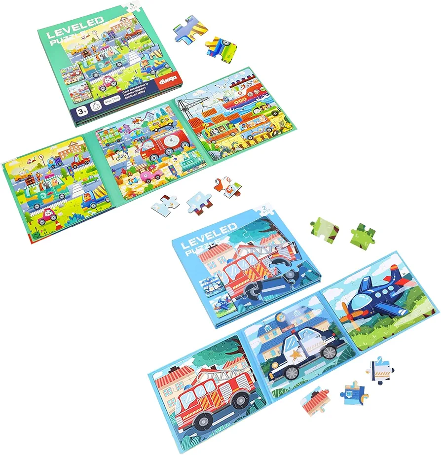 Bundle of Vehicle Puzzles and Trafic Jigsaw Puzzles for Toddler, Magnetic Puzzles for Kids Ages 3 4 5 6, 3 in 1 Travel Toys and Travel Games for Boys and Girls