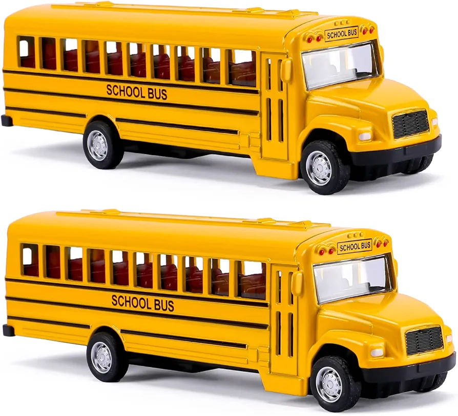 DUNRIOG TOYS 2 Pack 5.5'' Pull Back School Bus, Die-cast Metal Toy Vehicles with Bright Yellow for Kids Boys Girls