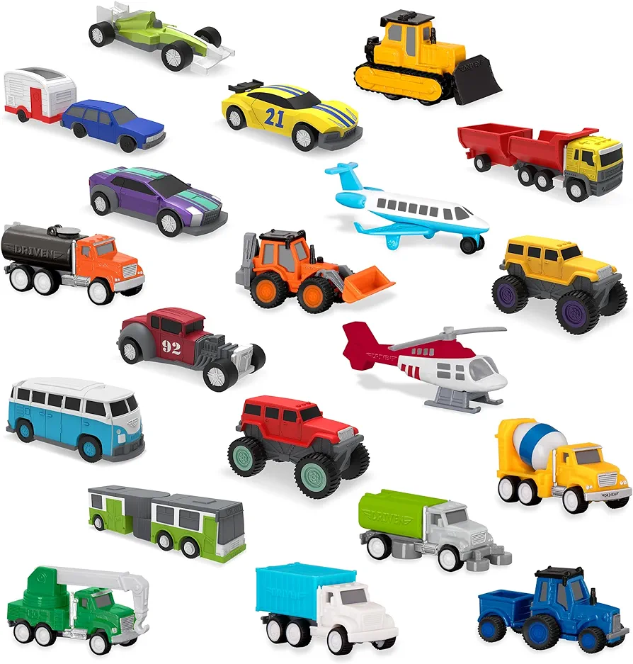 Driven by Battat – Pocket Fleet 1 – 20 Mini Toy Vehicles – Camper Van, Construction Trucks, Cement Mixer, Monster Truck, Race Car & More – Gift Toy Car Playset for Boys & Girls Age 3+ [Pack of 1]