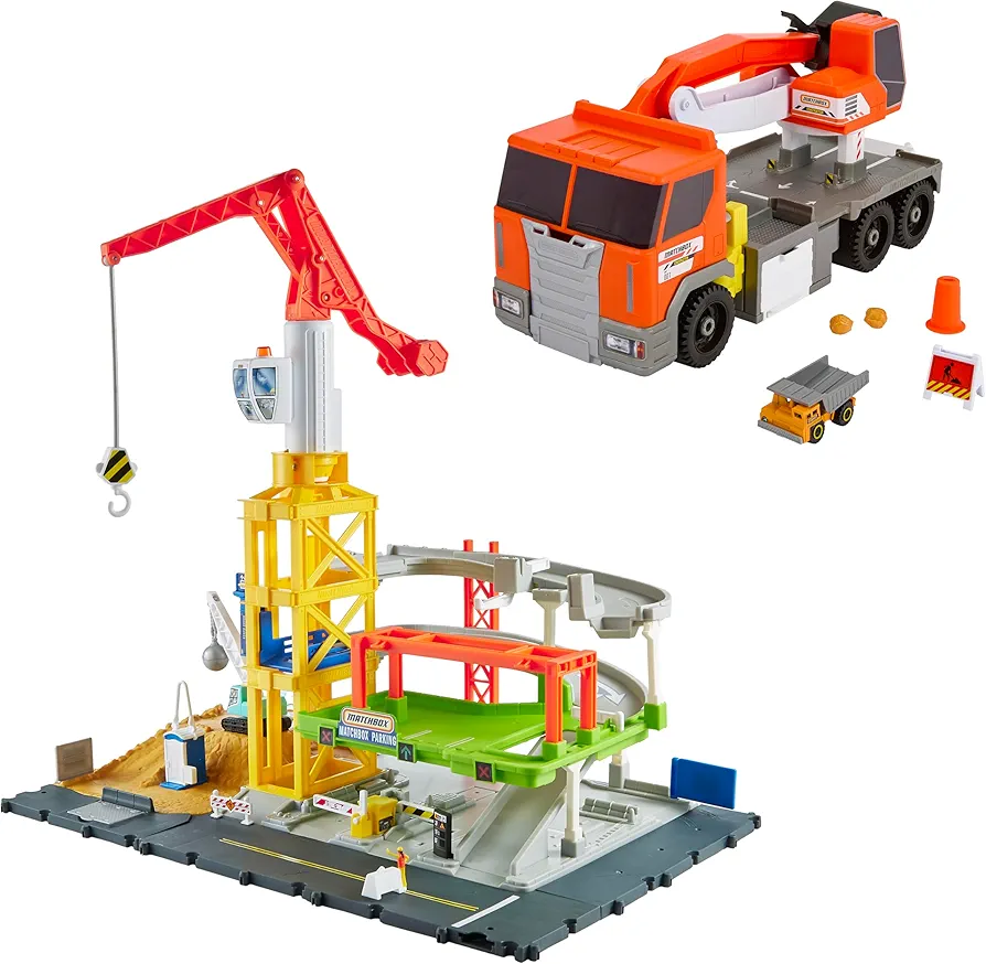 Bundle of Matchbox Cars Playset, Action Drivers Epic Construction Yard, 20-in Crane & 1:64 Scale Toy Vehicle + Action Drivers Transforming Excavator, 1:64 Scale Construction Vehicle & 4 Accessories