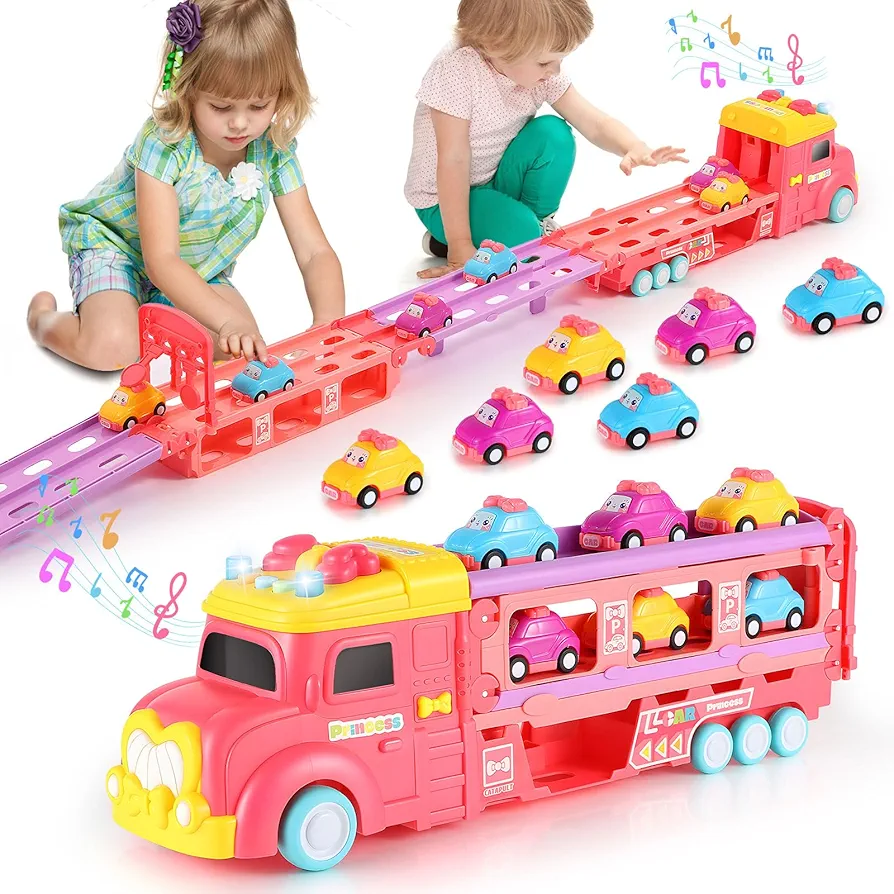 Pink Truck Toys for 1 2 3 Year Old Toddlers Girls, Mega Hauler Transporter with Ejection Race Track, 7 in 1 Princess Car Carrier Truck with Light and Sound, Birthday Gifts for Kids Age 1-3