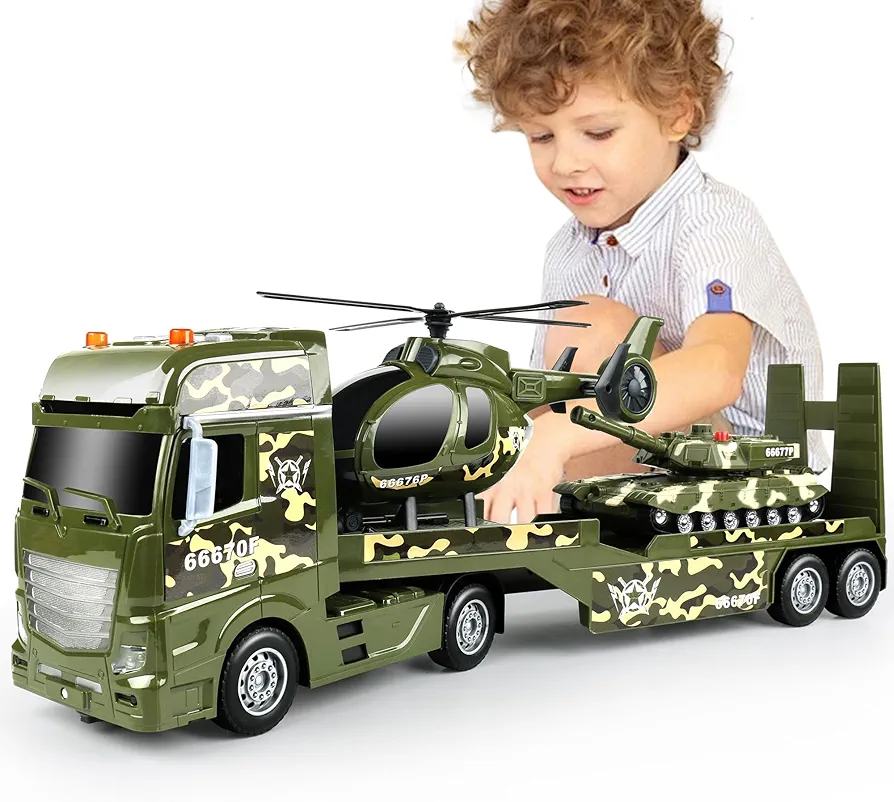 Dwi Dowellin Green Military Big Truck Toys,25.6" Semi Truck Toy with Helicopters and Tank,Army Toys with Lights & Sounds,Birthday Gift for 2 3 4 5 Years Old Boys and Girls