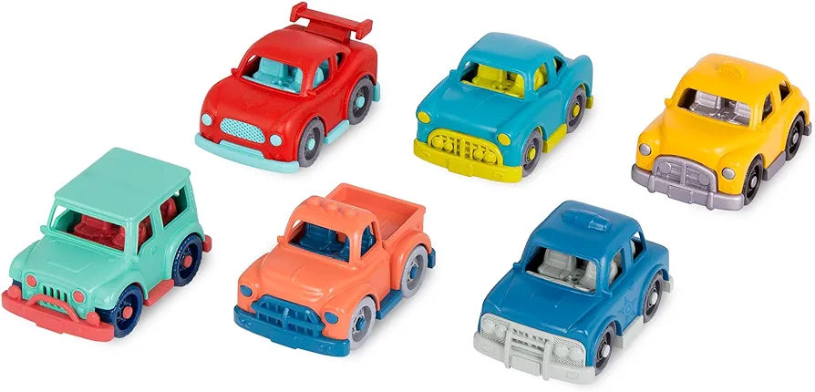 Battat- Wonder Wheels- Set of 6 Mini Toy Cars For Kids – Race Car, Truck, Taxi, Police Car, Retro Car, 4x4 – Pretend Play- Recyclable Materials - Mini Riders- 1 Year +