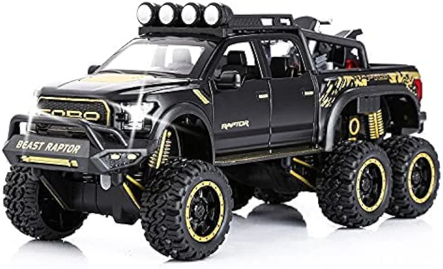 SASBSC Toy Pickup Trucks for Boys F150 Raptor DieCast Metal Model Car with Sound and Light for Kids Age 3 Year and up Black