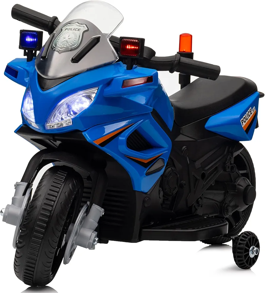 6V Police Electric Kids Motorcycle, Ride on Toy Car for Toddler 1-3 Boys with Training Wheels, Music - Blue