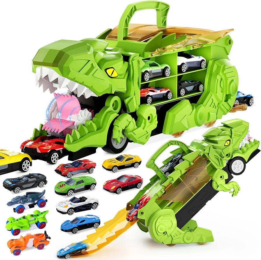 Transporter Dinosaur Truck Toy with 10 Diecast Racing Cars, Monster Truck Carrier Set Transforms into Dino with Race Track, Toddler Toys Gifts for Kids Boys Girls Ages 3 4 5 6 7 8 Years Old