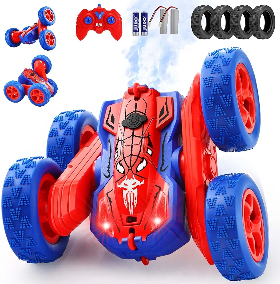 Spider Remote Control Cars for Kids,Double Sided 360° Flips Rotating 4WD Off Road Racing RC Car with 4 Spare Wheels, RC Stunt Car Toys for Girls Boys Age 4 5 6 7 8 9 10,Kids Toys Gifts on Birthday