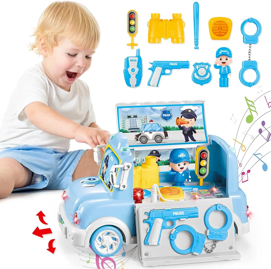 Interactive Police Car Toys with Sound and Light for Ages 3 Up Boys Girls 9-in-1 Multi-Functional Figures and Playset Early Educational Learning Musical Toys for Baby Kids Birthday Gifts