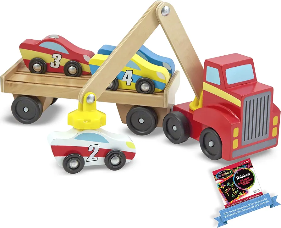 Melissa & Doug Wooden Car Loader Bundle with 1 Offical M&D Scratch Art Mini-Pad [93903]