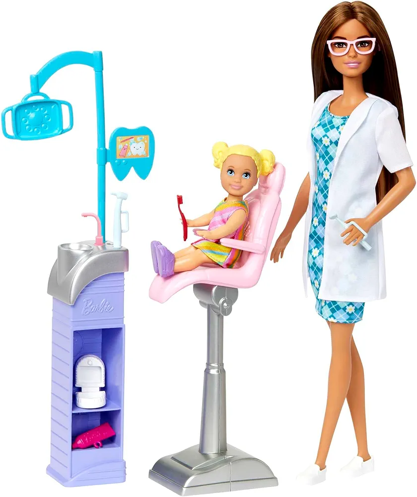 Barbie Careers Playset, Dentist with Blonde Doctor Fashion Doll, 1 Toddler Small Doll, Furniture & Accessories