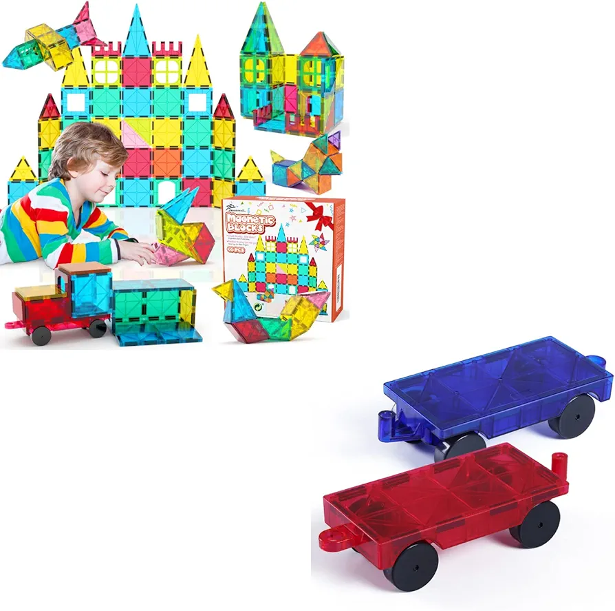 Jasonwell 65pcs Magnetic Tiles Building Blocks Set for Boys Girls Magnetic Car Truck Wheels Set