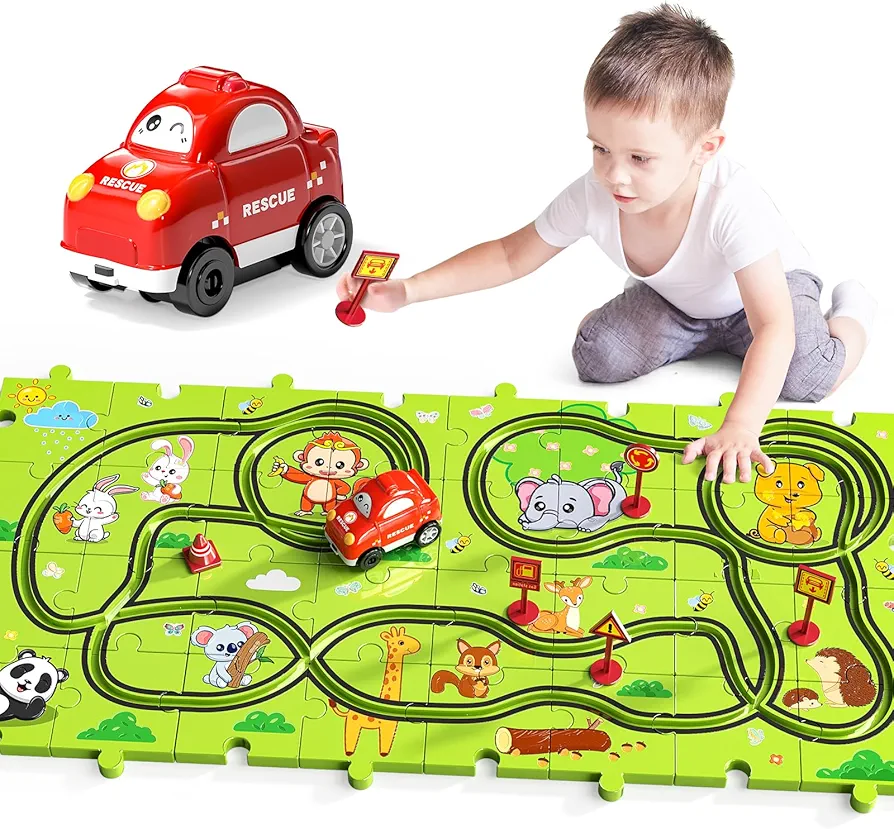 TEMI 32 PCS New Plastic Puzzles, car Tracks playset for Kids Ages 3-5 with 3 Cute Vehicle, Toddler Puzzle Track Play Set Gift, Thinking Educational Toys, Toys for 4 5 6 Year Old Boys Girls