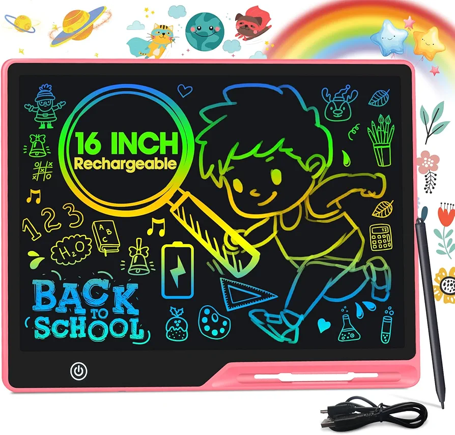 POPERPUN LCD Writing Tablet for Kids, Rechargeable Kids Drawing Pad 16 Inch Colorfuls Doodle Board, Kids Drawing Tablet Toys for Ages3 4 5 6 7 8 for Girls Boys Adults (Light Pink)