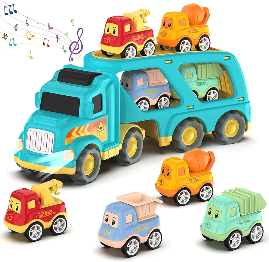 Toddler Car Toys for 3 4 5 Years Old Construction Transport Truck with 4 Pack Small Pull Back Construction Vehicles Friction Power Cars Christmas Birthday Gifts for Kids Boys Girls