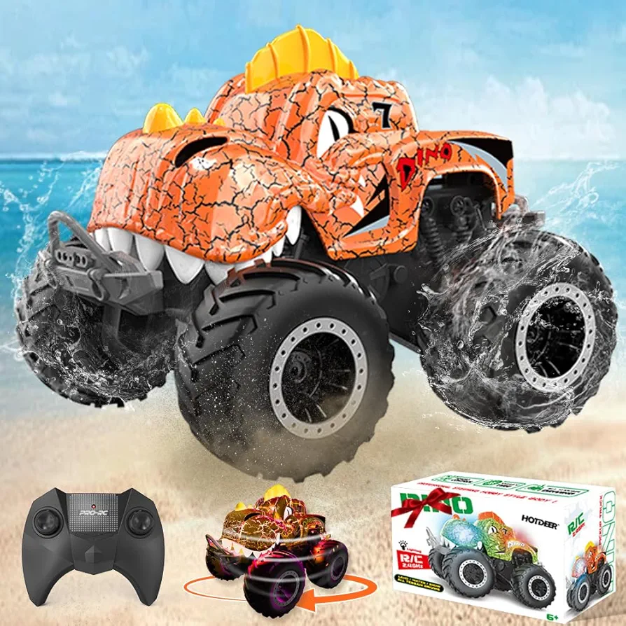 Dinosaur Remote Control Car for Boys 4-7,RC Car Monster Trucks for Boys Girls with Light,Sound & Spray,Hobby RC Trucks Dinosaur Toys Gift for Kids 3 4 5 6 7 8-Orange