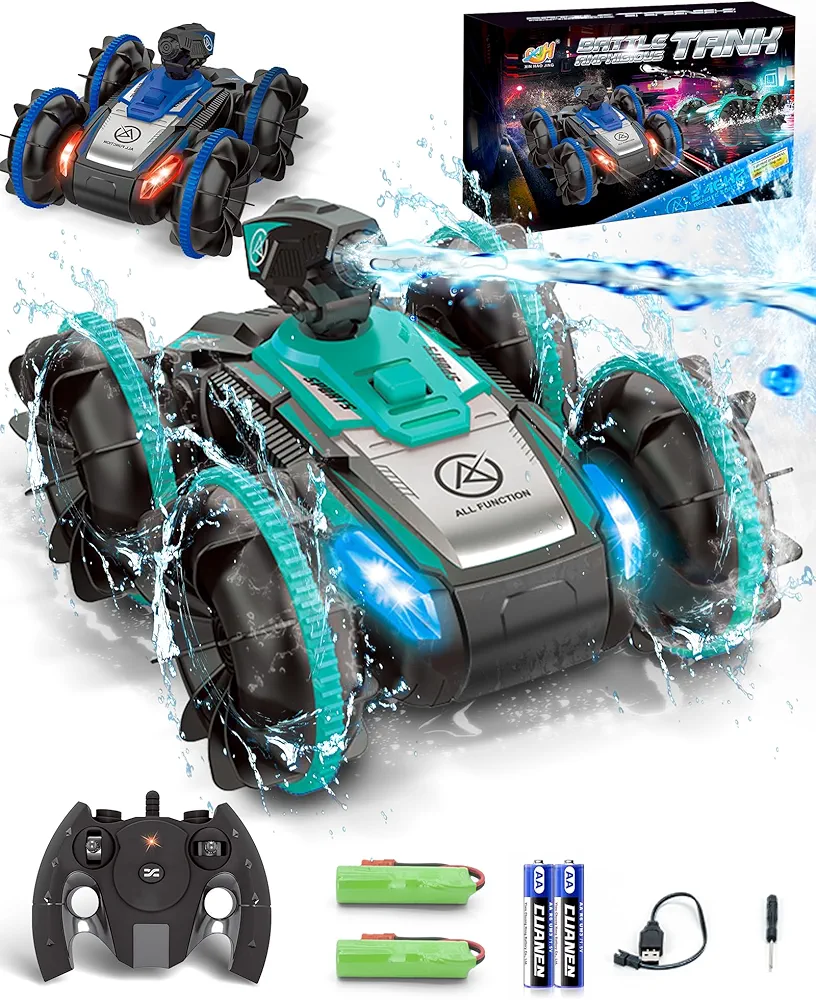 Remote-Control Car RC Boat for Boys: Amphibious Car Toys with Water Spray for Pool, Gifts for Kids 6-9, 2.4 GHz Waterproof RC Car Monster Truck Stunt Car Vehicle, Water Beach Pool RC Car Toys (Green)