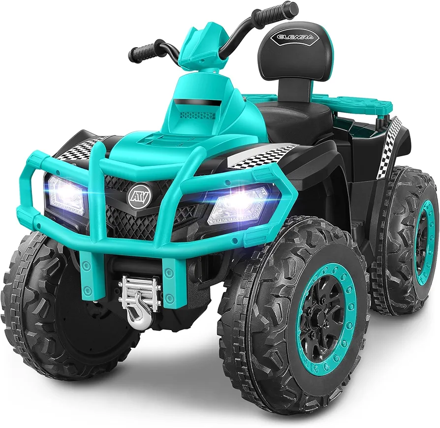 ELEMARA 2 Seater Kids ATV, 4 Wheeler Quad Electric Vehicle with 10AH Battery, 4mph Max Speed, 2 Charging Ports, LED Headlights, Music, Radio, 12V Battery Powered Ride on Car for Boys & Girls, Green