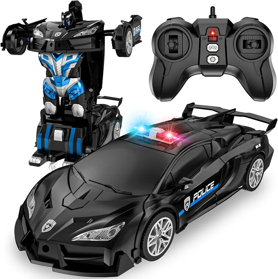 Remote Control Car, Transform Robot RC Cars, 2.4Ghz Transforming Police Car Toy with LED Light, One-Button Deformation and 360° Rotating Drifting, Toys for Boys Age 4-7 8-12