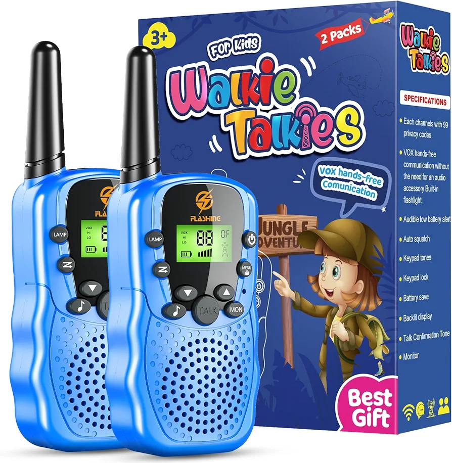 Walkie Talkies for Kids 2 Pack: Long Range Kids Blue Walkie Talkies for Boys Birthday Gifts Kids Outdoor Toys for 3 4 5 6 7 8 9 Year Old Boy Kid Gift Toy Age 3-12 Camping Hiking