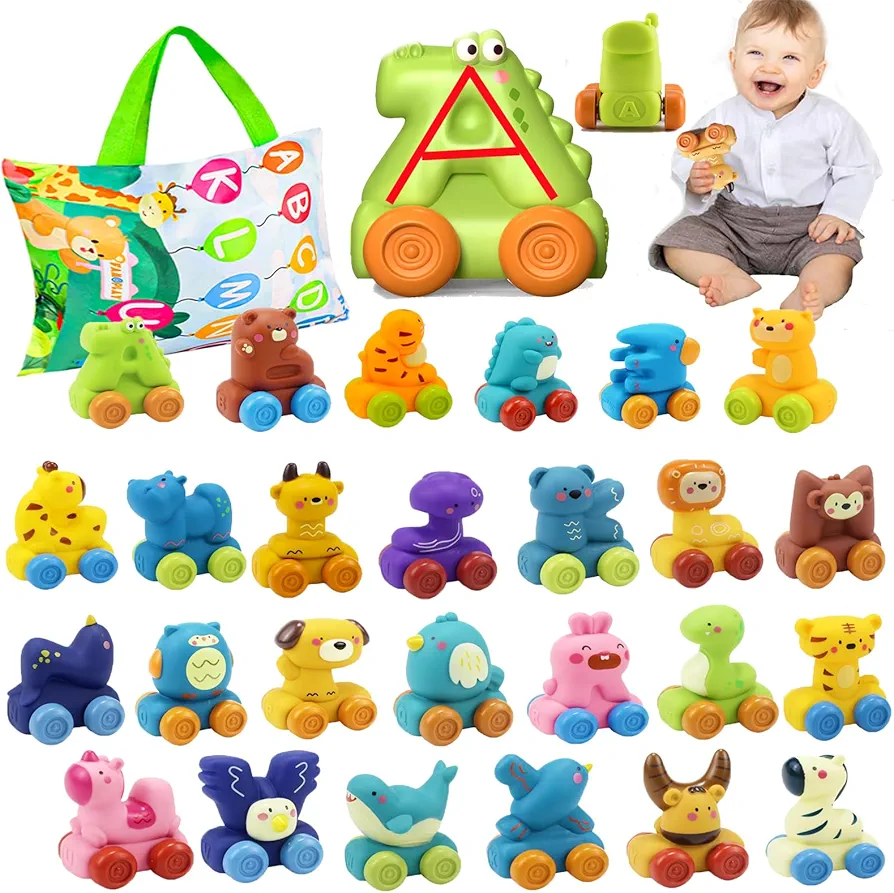 26PCS Alphabet Learning Toys Car for Kids,Soft Push and Go Cars with Alphabet Mat/Storage Bag toy animals for Toddlers 1-3 Year Old Boy Birthday Gifts