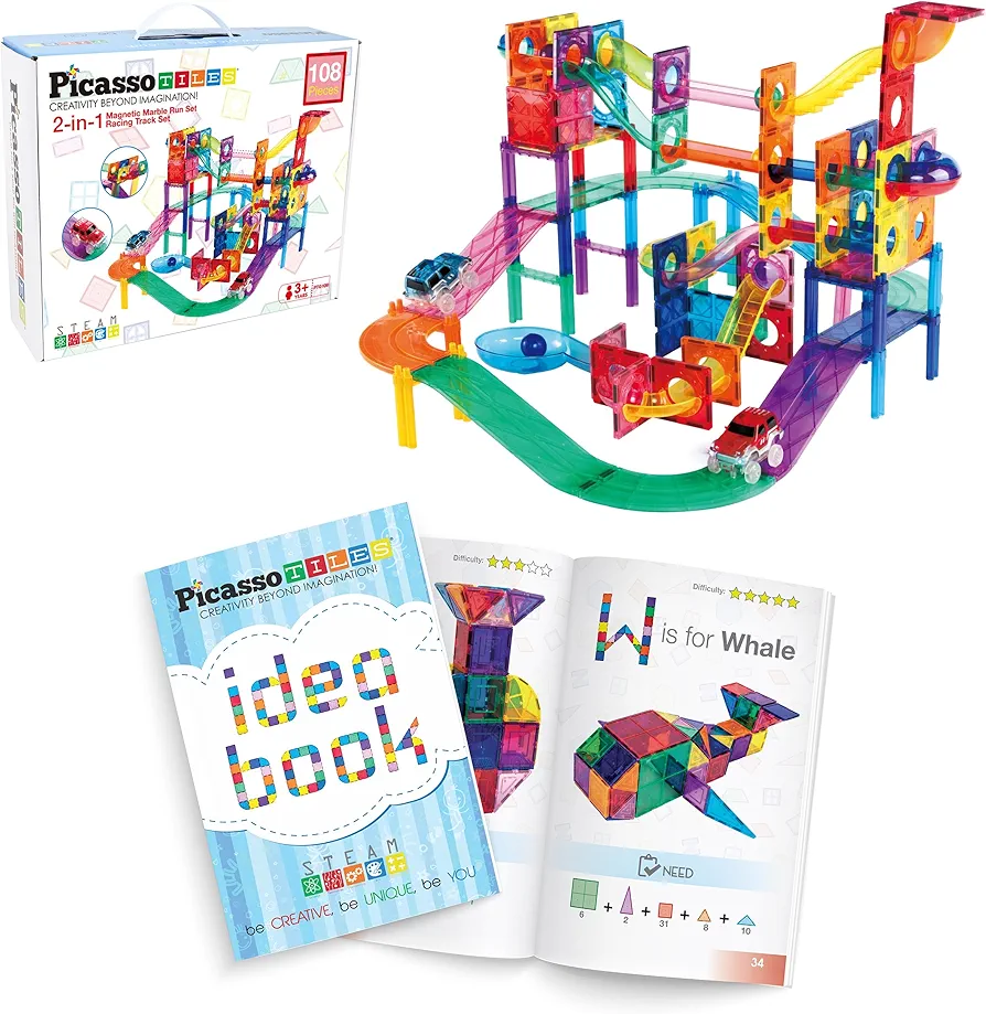 PicassoTiles 108PC Marble Run Magnetic Race Track + Idea Book with Over 150+ Ideas, STEAM Learning & Educational Sensory Playset for Preschool and Kindergarten Kids, The Ultimate Educational Toy