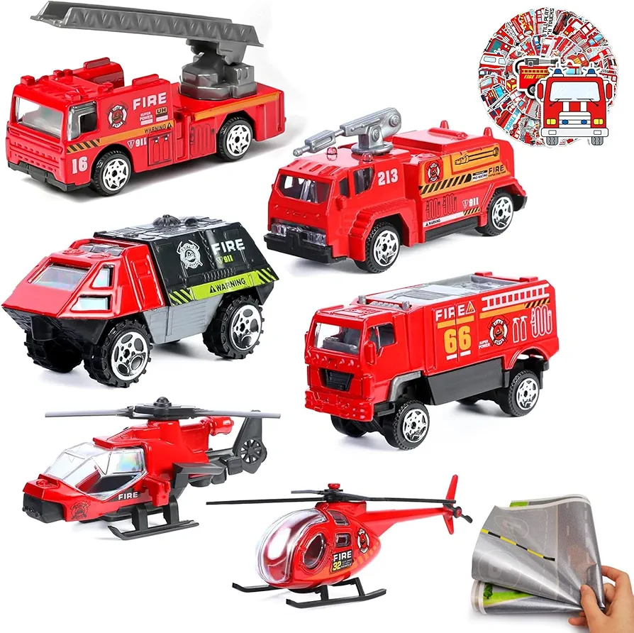 Fire Truck Toy for Boys, 6 Pcs Diecast Car Fire Truck, 20 Pcs Fire Truck Stickers, Helicopter,Ladder Truck, Fire Rescue Vehicle, Car Playsets Gift for Boys Kids Age 4 5 6 7 8 9 10 11 12