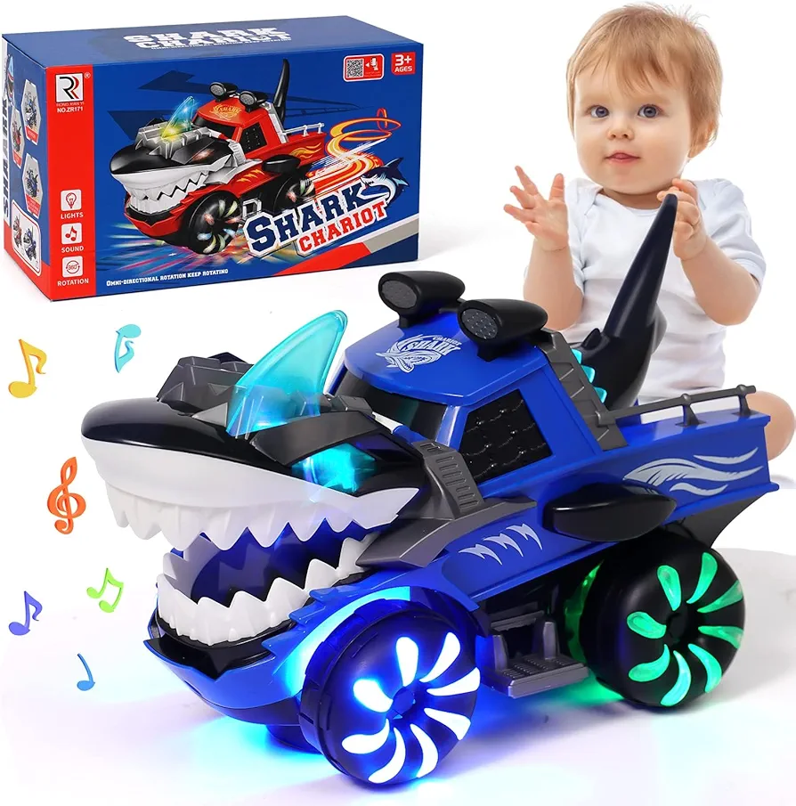 Shark Monster Truck Toy for Baby Boy,Shark Car Lights Up Toy with Chomper Shakes Sounds Blue Shark Truck Toys for Toddlers 1 2 3 4 5 Years Old Babies Girls Kids Birthday Party Favors