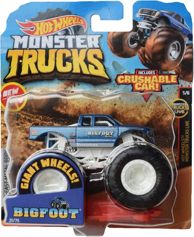 Hot Wheels Monster Trucks 1:64 Scale Bigfoot 21/75 Crushable car, Blue with White roll cage