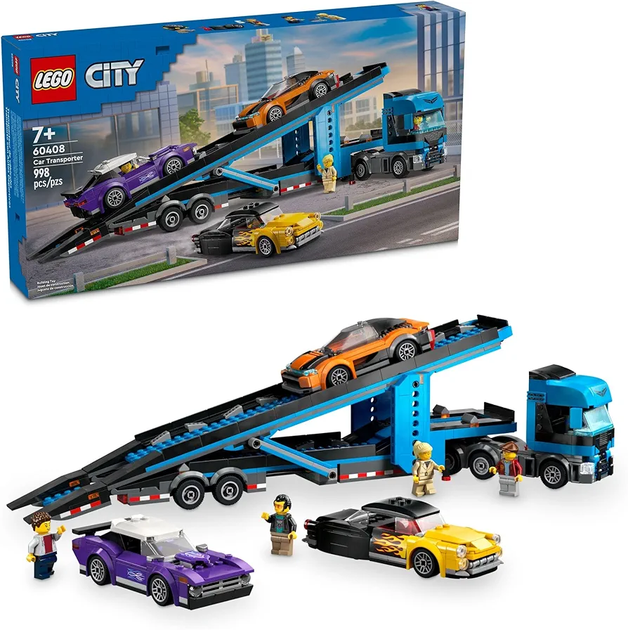 LEGO City Car Transporter Truck with Sports Cars, 4 Vehicle Car Toy Set for Kids Ages 7 and Up, Fun Kids Gift Ideas for Holiday or Birthday, Creative Toys, 4 Minifigures for Imaginative Play, 60408