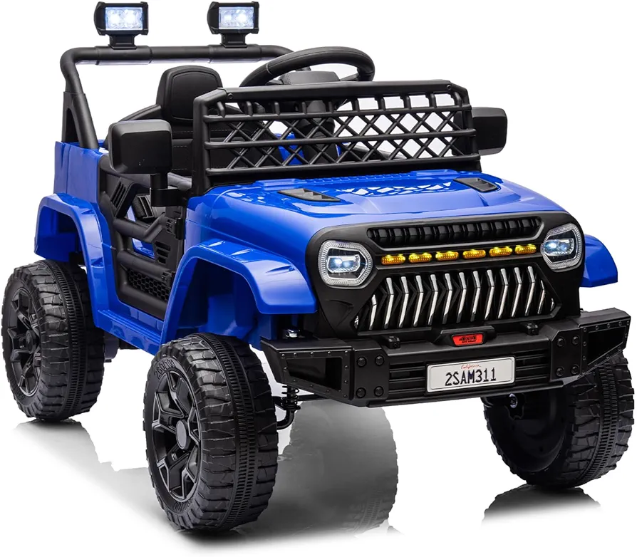 12V Kids Ride On Truck Electric Car Toy for Toddles with 2.4G Remote Control, Spring Suspension, Battery Display, LED Lights, Music, Battery Powered Ride on Car for Boys Girls(Dark Blue)