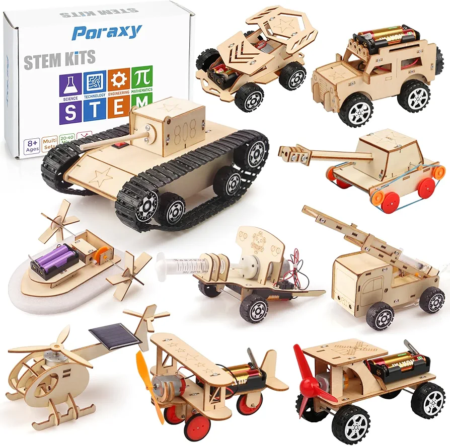 10 in 1 STEM Kits for Kids 6-8-10-12, Toys for 8 9 10 11 12 13 Year Old Boys and Girls, Model Car Kits, Gifts for Boys 8-12, Wooden 3D Puzzles, STEM Projects, Science Educational Building Kits