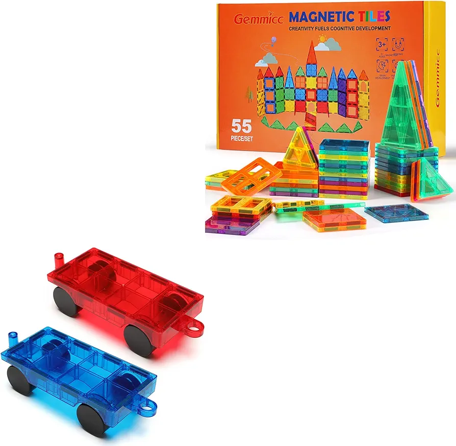 Gemmicc 55PCS Magnetic Tiles Set + 2 Cars