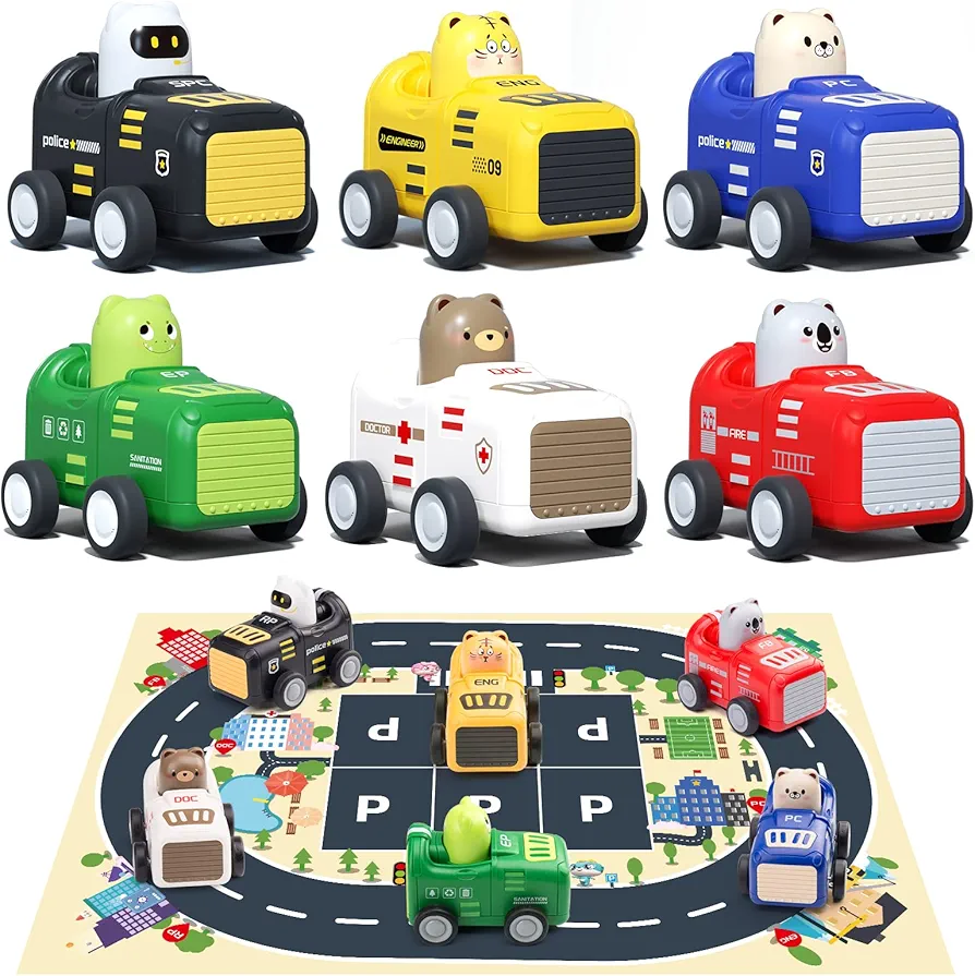 Baby Toy Cars for 1 2 3+ Year Old Toddler, City Guard Series Press and Go, Pull Back Vehicle with Soft Plush Car Mat, Educational Gift for Kids, Boys and Girls