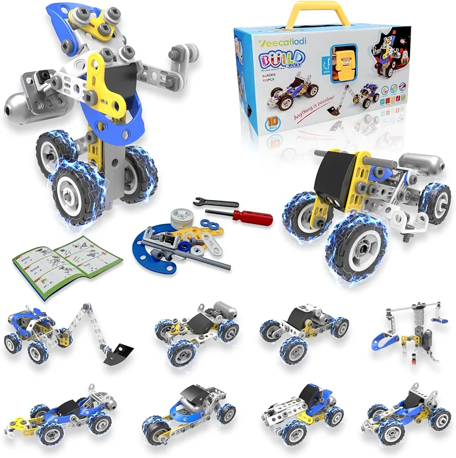 STEM Toys for 5 6 7 8+ Year Old Boy, 10 in 1 Electric Building Toys for Kids Ages 4-8 5-7 6-8, Educational Racing Construction Science Kit for Boys 4-6 4-7, Creative Games Fun Birthday