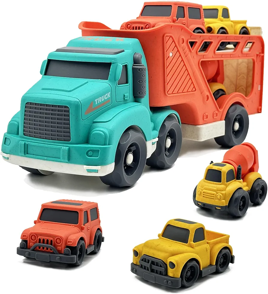 4 Pcs Toddler Car Toys for 2 3 4 5 Years Old, Carrier Truck 3 in 1 Transport Pickup Truck, Mixer Cement,SUV Toy Car, Christmas Birthday Gifts for Kids Toys Boys Girls,Sand Toys