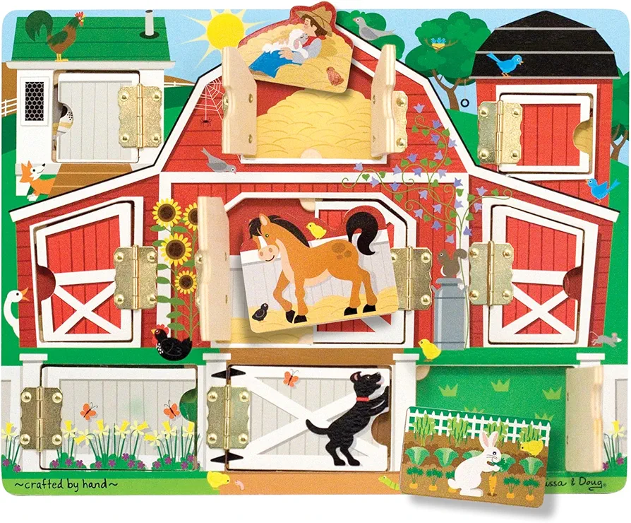 Melissa & Doug Hide and Seek Farm Wooden Activity Board With Barnyard Animal Magnets - Wooden Busy Board, Hide And Seek Puzzles, Wooden Magnet Puzzles For Toddlers And Kids Ages 3+