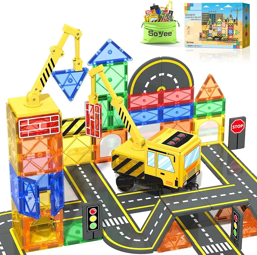 Magnetic Tiles Construction Set with Crane, Road Pieces and Truck Magnetic Blocks STEM Building Toys for Kids 3+, 4 5 6 7 8 Year Old Boys Birthday Gifts - Improves Fine Motor & Problem-Solving Skills