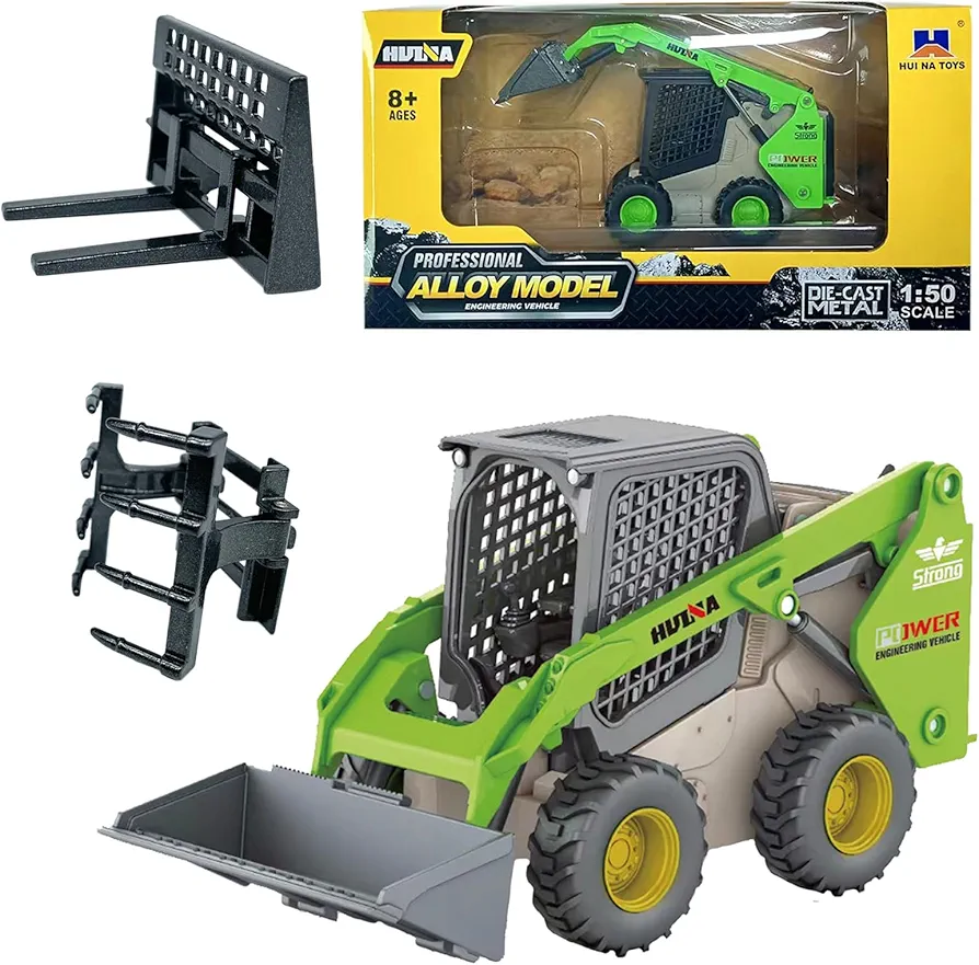 Gemini & Genius Construction Truck 3 in 1 Skid Steer Loader with Metal Forklift and Grab Shovel Construction Vehicle 1/50 Scale Alloy Wheeled Loader Toys for Kids(Wheeled/Green)