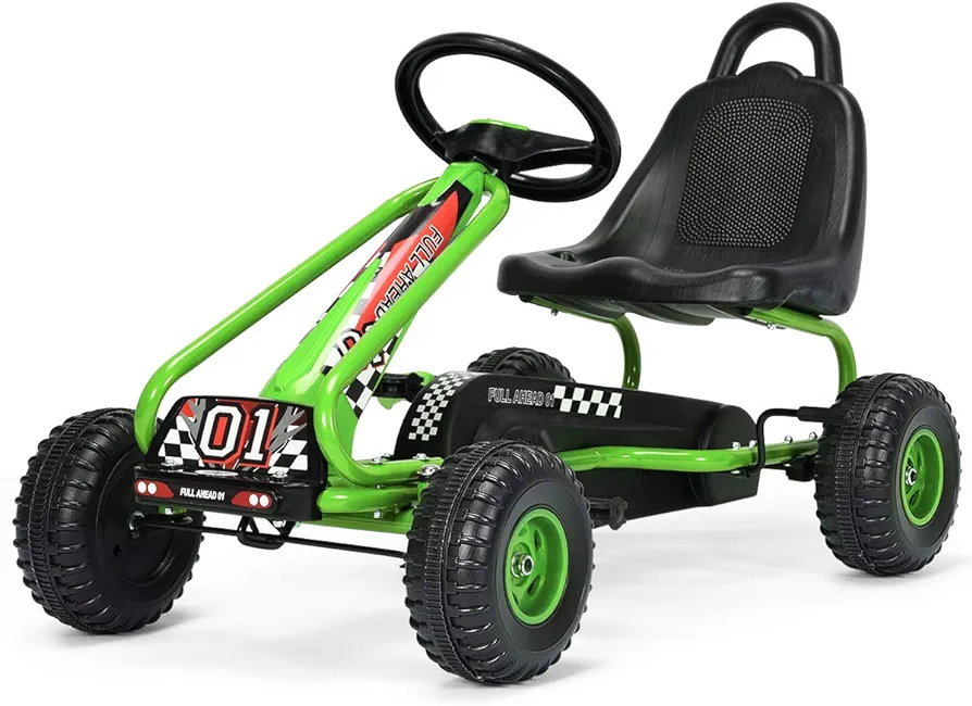 Costzon Kids Pedal Go Kart, 4 Wheel Pedal Powered Ride On Toys, Outdoor Racer Pedal Car with Adjustable Seat, Handbrake & Non-Slip Wheels, Pedal on Foot on Kart Gift for Boys Girls (Green)